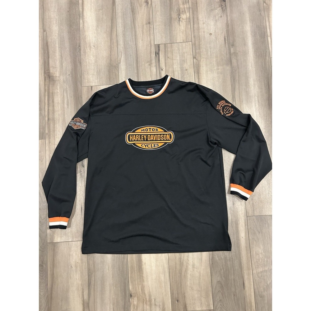 Vintage Harley Davidson Long Sleeve Shirt Mens XL Black Orange Embroidered Y2K